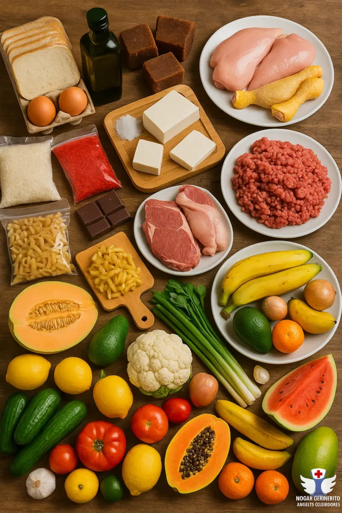 Variedad de alimentos saludables sobre mesa de madera, utilizados en el Hogar Geriátrico Ángeles Cuidadores.