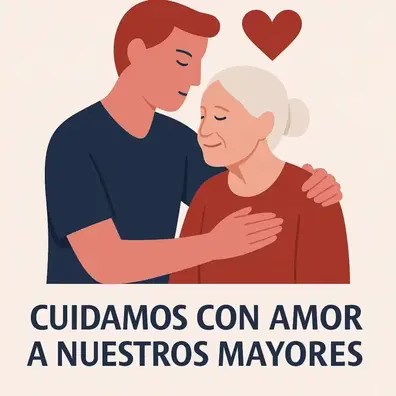 Ilustración de un enfermero abrazando con ternura a una mujer mayor; sobre ellos flota un corazón y, bajo la imagen, el texto “Cuidamos con amor a nuestros mayores”.