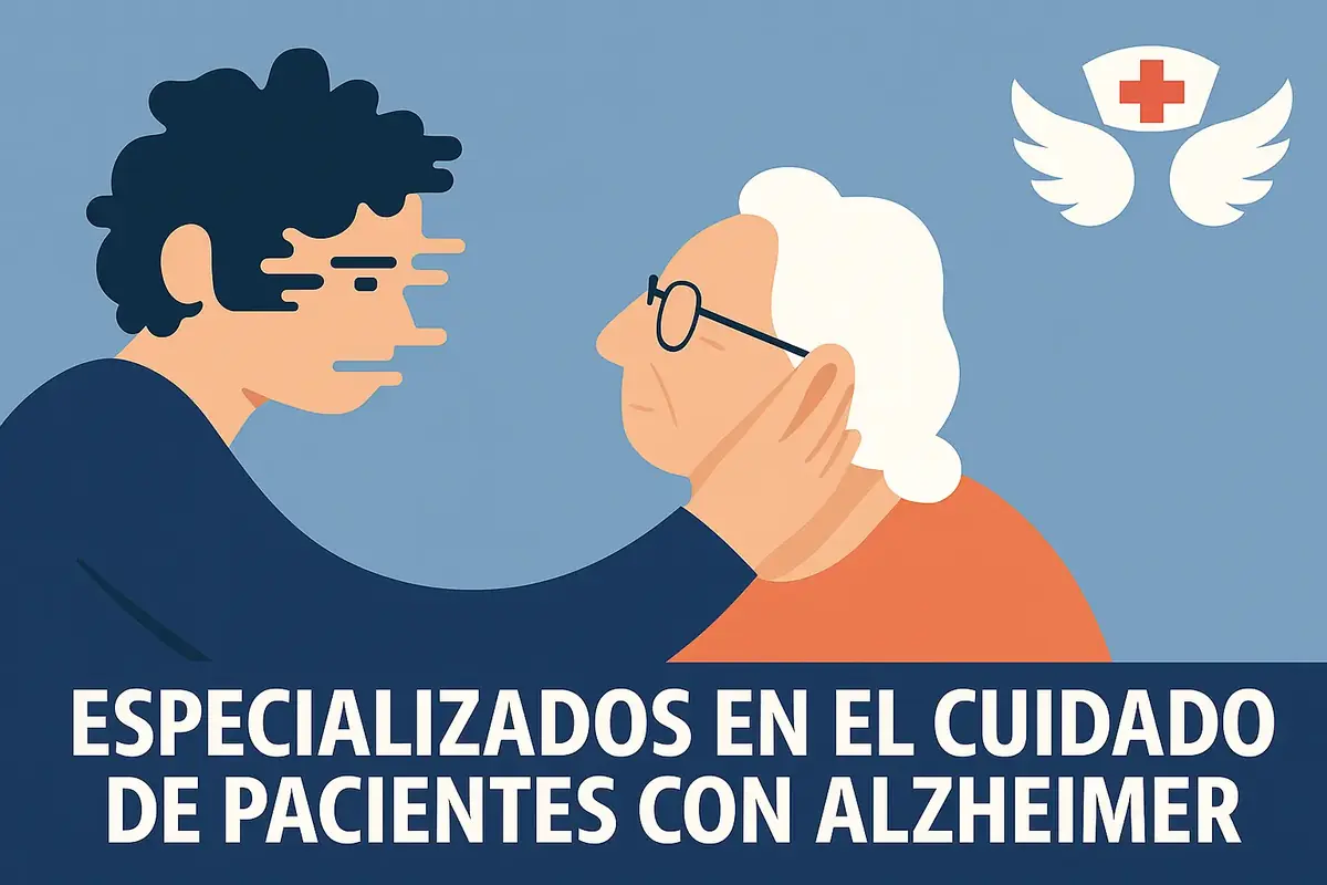 Cuidadora acompañando a un adulto mayor con Alzheimer en el hogar geriátrico de Girardot.